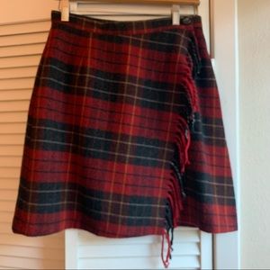 Against Gravitee by Marlene Middlemiss Red Plaid Wool Mini Wrap Skirt